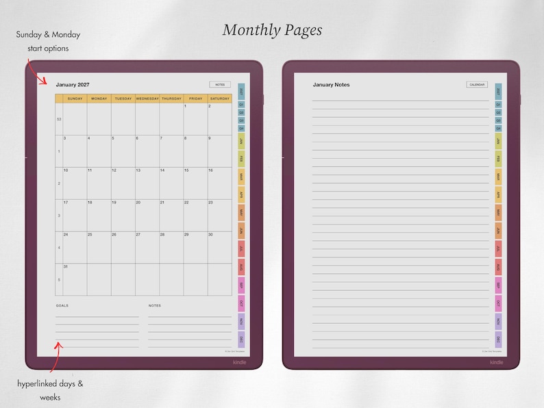 May include: A digital planner interface displaying two pages: a January 2027 monthly calendar grid with Sunday and Monday start options, and a lined January Notes page. Both pages feature colorful side tabs for navigation and hyperlinked days.