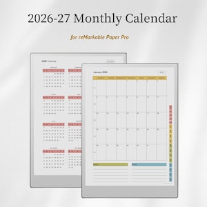 Könnte beinhalten: Digitaler Monatskalender 2026-27 für reMarkable Paper Pro. Der Kalender zeigt eine monatliche Ansicht mit Daten und eine Jahresübersicht. Das Design umfasst farbcodierte Abschnitte für Notizen und Ziele.