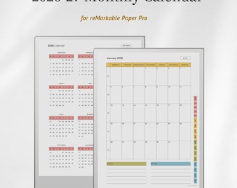 Calendario mensual 2026 + 2027 para reMarkable Paper Pro