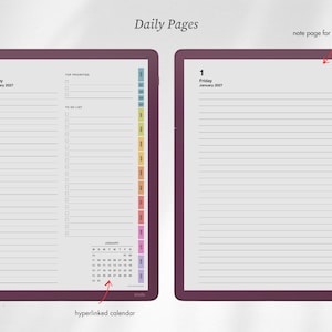 May include: Two digital daily planner pages displayed on a dark purple tablet frame. The left page features a schedule, top priorities, a to-do list, and a January calendar. The right page is a lined note page. Both include colorful side tabs.
