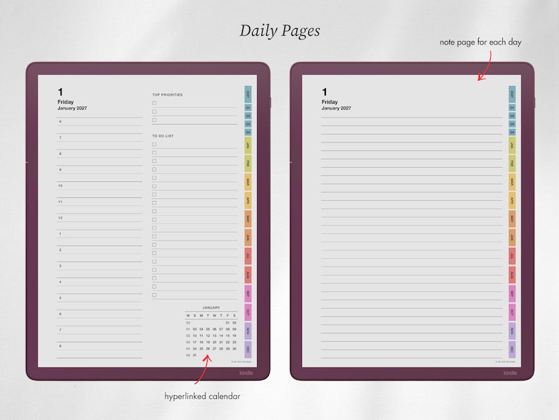 May include: Two digital daily planner pages displayed on a dark purple tablet frame. The left page features a schedule, top priorities, a to-do list, and a January calendar. The right page is a lined note page. Both include colorful side tabs.
