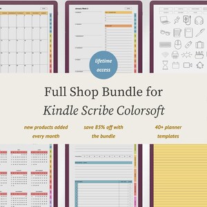 Op de afbeelding: Een digitaal plannerpakket voor Kindle Scribe Colorsoft met een maandkalender, weekschema, iconenbibliotheek, jaaroverzicht, voortgangstracker en gelinieerde pagina's. De tekst luidt Full Shop Bundle for Kindle Scribe Colorsoft, lifetime access, new products added every month, save 85% off with the bundle en 40+ planner templates.