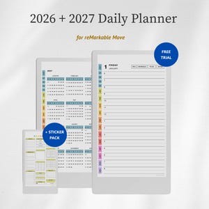 Puede incluir: Un planificador diario 2026 y 2027 para reMarkable Move, con dise&ntilde;o de calendario digital, p&aacute;gina de programaci&oacute;n diaria con espacios horarios y un paquete de pegatinas. La interfaz incluye pesta&ntilde;as de navegaci&oacute;n, fecha viernes enero y c&iacute;rculos.