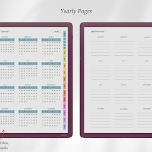 May include: A digital planner display showing two 2027 yearly pages. The left side features a 2027 Calendar with monthly grids, while the right side shows a 2027 Overview with lined sections for each month. Both pages include colorful side tabs.