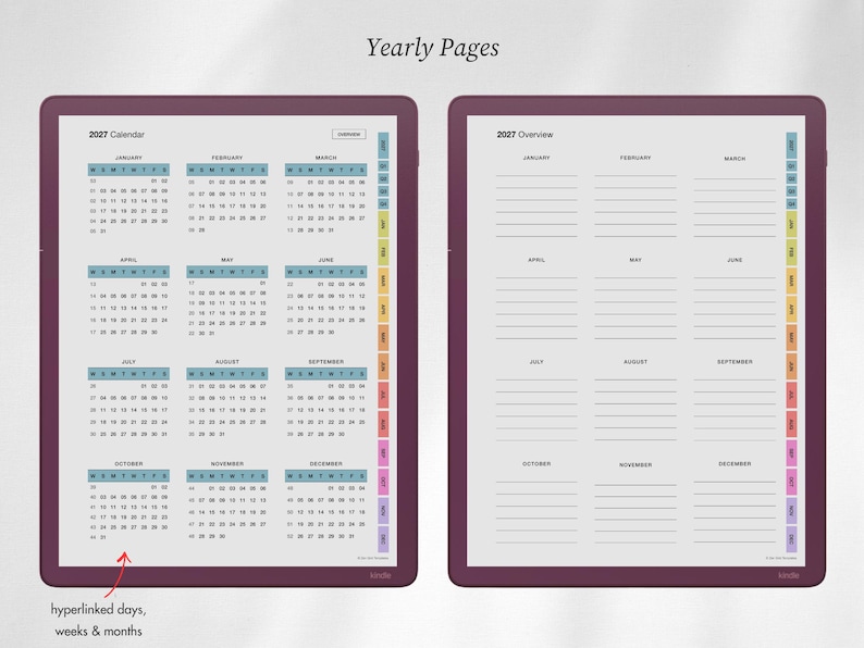 May include: A digital planner display showing two 2027 yearly pages. The left side features a 2027 Calendar with monthly grids, while the right side shows a 2027 Overview with lined sections for each month. Both pages include colorful side tabs.