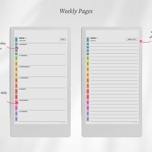 Puede incluir: Dos p&aacute;ginas de planificador semanal digital con dise&ntilde;o vertical. La p&aacute;gina izquierda muestra un horario semanal con los d&iacute;as de lunes a domingo. La p&aacute;gina derecha presenta una secci&oacute;n de notas con l&iacute;neas y una barra lateral de pesta&ntilde;as.