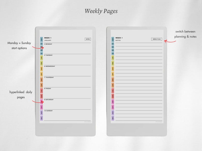 Puede incluir: Dos p&aacute;ginas de planificador semanal digital con dise&ntilde;o vertical. La p&aacute;gina izquierda muestra un horario semanal con los d&iacute;as de lunes a domingo. La p&aacute;gina derecha presenta una secci&oacute;n de notas con l&iacute;neas y una barra lateral de pesta&ntilde;as.