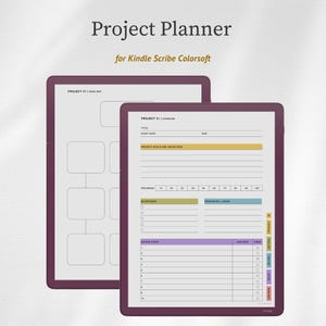 May include: Two digital project planners for Kindle Scribe Colorsoft. The planners are displayed on a purple tablet. The text "Project Planner" and "for Kindle Scribe Colorsoft" are at the top. One planner shows a mind map, the other shows an overview.