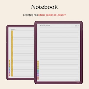 May include: Two digital notebooks with lined pages are shown. The notebooks have a dark purple border and a white interior with horizontal lines. The text "Notebook" and "DESIGNED FOR KINDLE SCRIBE COLORSOFT" are at the top.