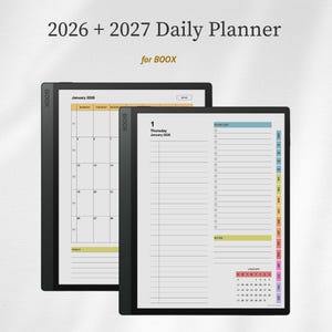 Può includere: Due tablet digitali neri BOOX che mostrano un'agenda giornaliera 2026 + 2027. Gli schermi visualizzano una vista del calendario mensile per gennaio 2026 e una pagina giornaliera con una lista di cose da fare, note e un piccolo calendario.