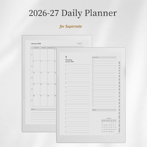 May include: A digital planner for Supernote, featuring a calendar view for January 2026 and a daily planner page. The daily page includes a to-do list, notes section, and a small calendar for the month. The text "2026-27 Daily Planner" is at the top.