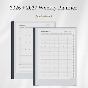 May include: A digital 2026 and 2027 weekly planner for reMarkable 2 tablets. The display shows a monthly calendar for January 2026 and a weekly schedule for September Week 37, featuring black text on a light gray background with navigation tabs.