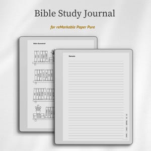 May include: Two digital tablets displaying a Bible Study Journal. One tablet shows a bookshelf design, the other displays lined pages with the text "Genesis." The text "Bible Study Journal" and "for reMarkable Paper Pure" are at the top.