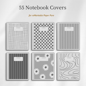 May include: A collection of 55 notebook covers for reMarkable Paper Pure, displayed as six rectangular digital templates featuring various patterns including grids, checkers with hearts, chevrons, stripes, daisies, and wavy lines, each with a label.