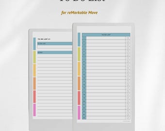 Puede incluir: Dos pantallas de tableta digital que muestran una lista de tareas para reMarkable Move. La pantalla izquierda muestra una lista y una sección de notas con pestañas de colores. La derecha presenta una lista numerada del 1 al 25 con casillas.