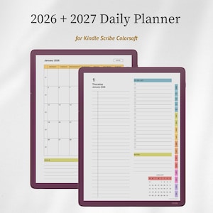May include: A digital 2026 + 2027 Daily Planner for Kindle Scribe Colorsoft. The display shows a monthly calendar view for January 2026 and a daily page with a to-do list, notes section, and a small monthly calendar. The device has a dark purple frame.