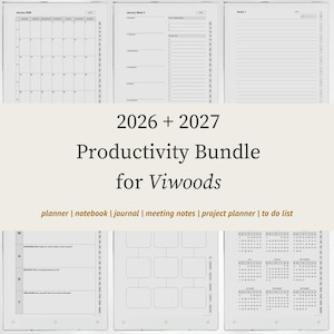 Op de afbeelding: Een digitaal productiviteitspakket voor Viwoods met planners voor 2026 en 2027, notitieboeken, dagboeken, notulen, projectplanners en takenlijsten. De lay-out bevat maandkalenders, weekschema's, gelinieerde pagina's en doelsjablonen.