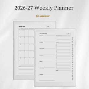 May include: Two digital planners, one showing a monthly calendar for January 2026 and the other a weekly layout for January Week 2. The text reads "2026-27 Weekly Planner for Supernote". The weekly planner includes sections for top priorities, a to-do list, and notes.