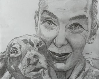 Portrait personnalisé dessin d'après photo (1 personne + animal)