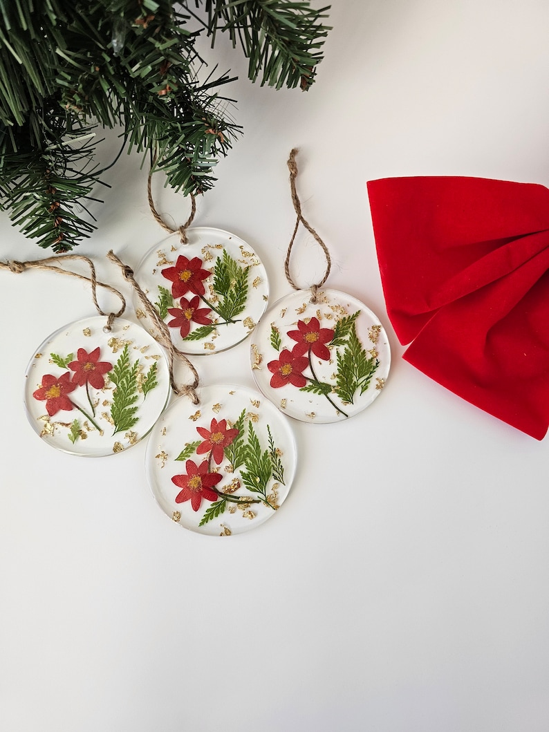 Red Flowers Christmas Ornament 4 Set, Pressed Flowers Christmas Decor