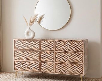 Teak Wood Inlay Dresser | 9-Drawer Buffet | Storage-Cabinet | Handcrafted Side-Board , Handmade Drawer Chest | Home decor