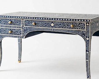 Handcrafted Work Desk, Bone Inlay 3 Drawer Table, Antique Scroll vine pattern Console