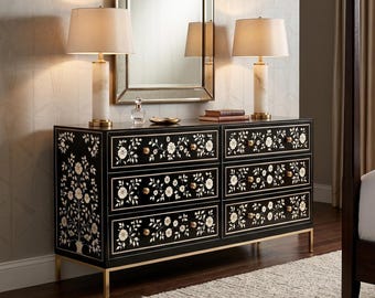Cassettiera a sei cassetti con intarsi in osso, mobile indiano fatto a mano, credenza artigianale, mobile contenitore, complemento d'arredo