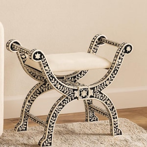 Bone Inlay Roman Stool | Floral pattern in Black,  Vanity Sitting chair | Home Decor Inlay-furniture