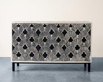 Bone Inlay Buffet with Geometric Pattern, Handcrafted 3 Doors dresser, Black & White Sideboard
