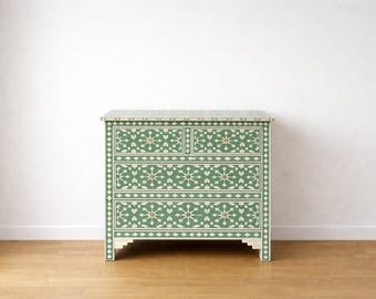 Handmade Bone Inlay Chest of Drawers: Moroccan pattern in Green 4 Drawer Dresser