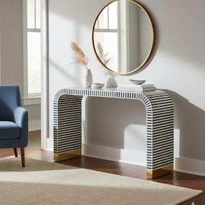 Bone Inlay U Console | Handcrafted Entryway Table |  Blue Stripe Pattern Decorative-Console | Vanity Table Home-Decor