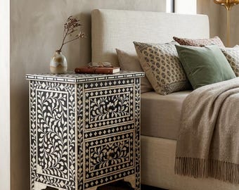Bone Inlay Bedside, Handmade Side Table, Scroll-vine corner-Table, Storage Cabinet, Drawer Chest, Home Decor