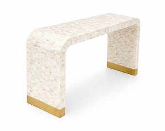 Ręcznie robiony stolik konsolowy z intarsją z kości | Zakrzywione biurko optyczne | Biurko | Ręcznie robione biurko w kształcie litery U | Meble do wystroju wnętrz