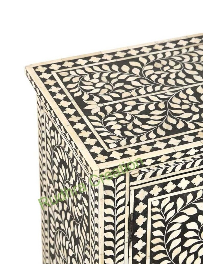 Bone Inlay Two Door Storage in Scroll Vine Pattern With Black