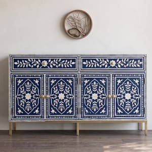 Credenza artigianale con 2 ante e 4 cassetti / Buffet con intarsi in osso e motivo a volute e viticci / Mobile personalizzabile