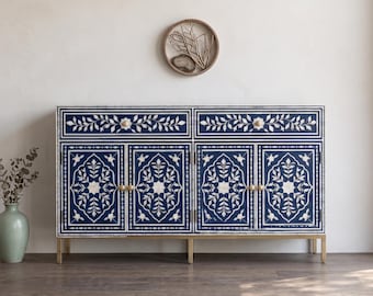 Aparador artesanal de 2 puertas y 4 cajones / Bufet con incrustaciones de hueso y diseño de vid / Mueble personalizable