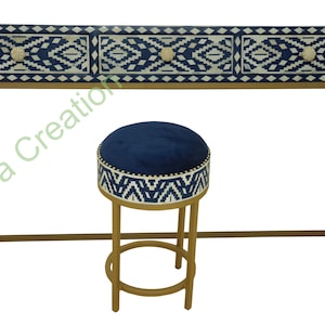 Bone Inlay Vanity and Stool | Drawer Storage Vanity | Work Desk | Study Desk | Ikat Pattern | Navy Blue | Vanity Stool- Free Shipping