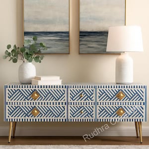 Handmade Bone Inlay Media Console, Mint Green Optical Pattern, Handmade TV-Cabinet, 9-Drawer Storage Unit