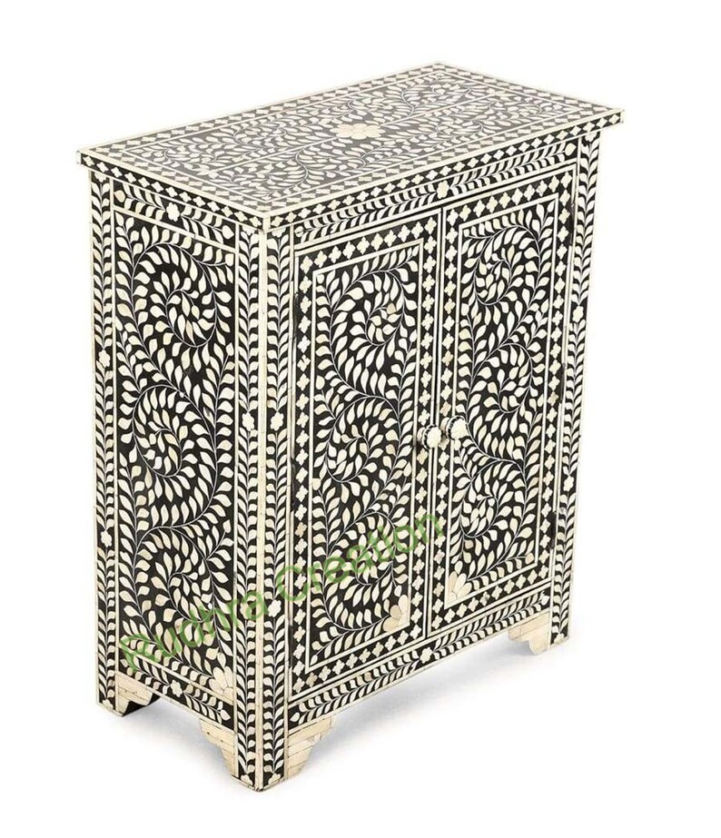Bone Inlay Two Door Storage in Scroll Vine Pattern With Black
