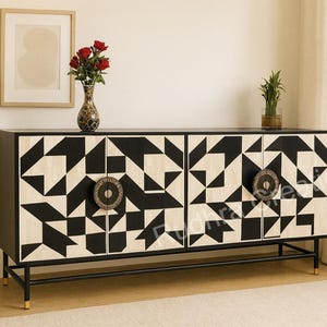 Handcrafted Bone Inlay Media Console, Geometric TV Cabinet, Handmade Media-Storage Unit, Home Decor Furniture