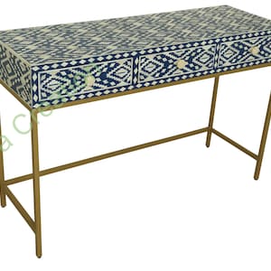 Bone Inlay Vanity and Stool | Drawer Storage Vanity | Work Desk | Study Desk | Ikat Pattern | Navy Blue | Vanity Stool- Free Shipping