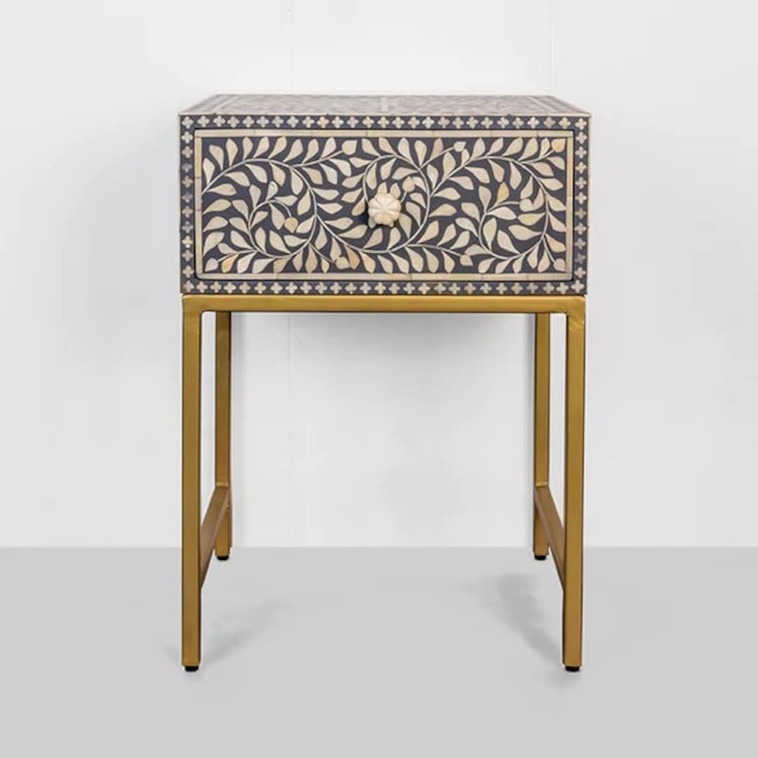 Bone Inlay One Drawer Bedside Table Indigo Blue Floral Night Stand ...