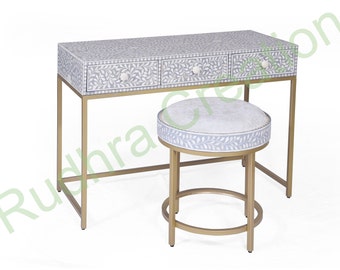 Handcrafted Natural Scroll Vine Bone Inlay Vanity Table and Stool: Timeless Craftsmanship for Your Space