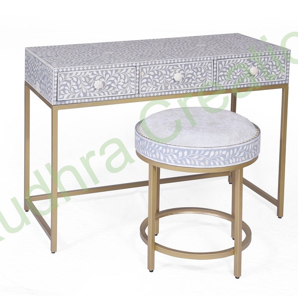 Handcrafted Natural Scroll Vine Bone Inlay Vanity Table and Stool: Timeless Craftsmanship for Your Space