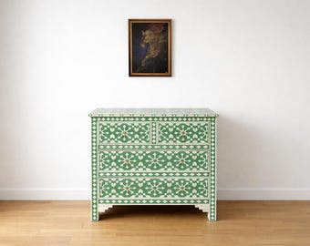 Handgemaakte ladekast met beeninleg: Marokkaans patroon in groen ladekast met 4 lades