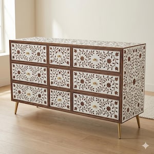 Cómoda con incrustaciones de madera de teca / Aparador de 9 cajones / Armario de almacenamiento / Aparador artesanal, cómoda con cajones hecha a mano / Decoración del hogar