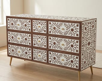 Teak Wood Inlay Dresser | 9-Drawer Buffet | Storage-Cabinet | Handcrafted Side-Board , Handmade Drawer Chest | Home decor