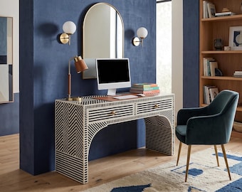 Bone Inlay Office Desk, Handmade Strapline Pattern work Table, Indian Furniture