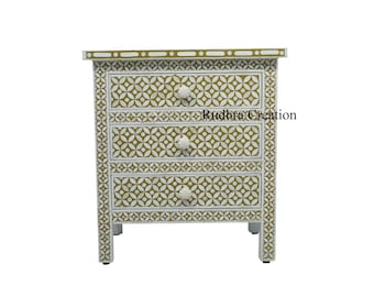 Bone Inlay Storage Bed Side | Three Drawers Side-Table | Handmade Bedroom Furniture | Corner drawer table