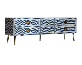 Bone Inlay Optical pattern Media Console in Blue and White, Media Unit, TV Cabinet, entertainment Unit, Bone Inlay Furniture